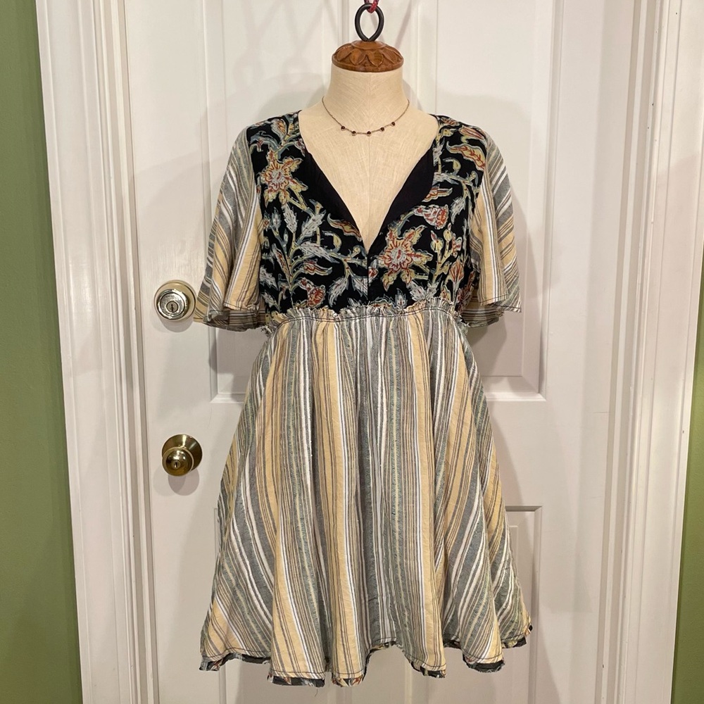 Free People Backless Floral Embroidered Striped Dress